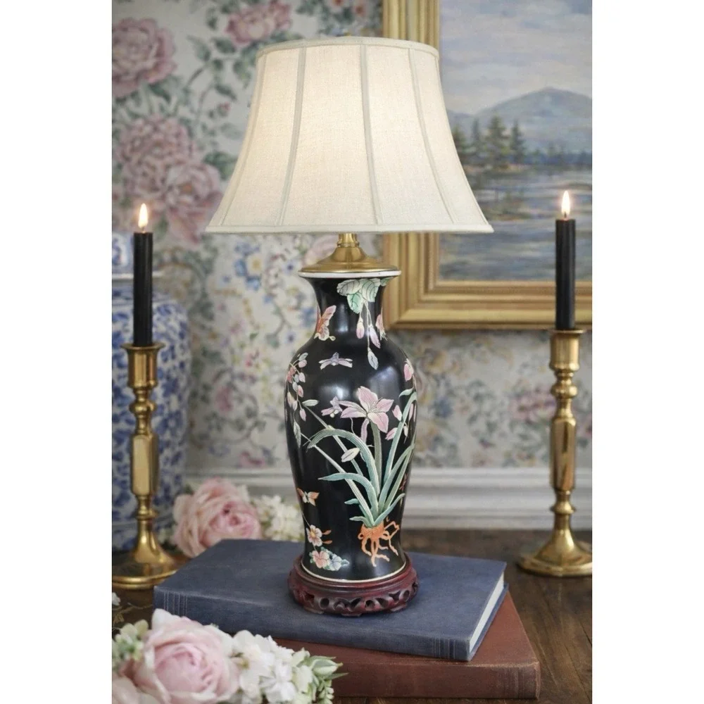Vintage Famille Noire Style Asian Water Lily Black Floral Porcelain Brass Lamp
